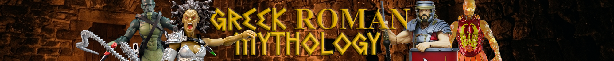 Ancient Greek and Roman deity figures posed with detailed armor and weapons under golden mythological lettering on brick backdrop