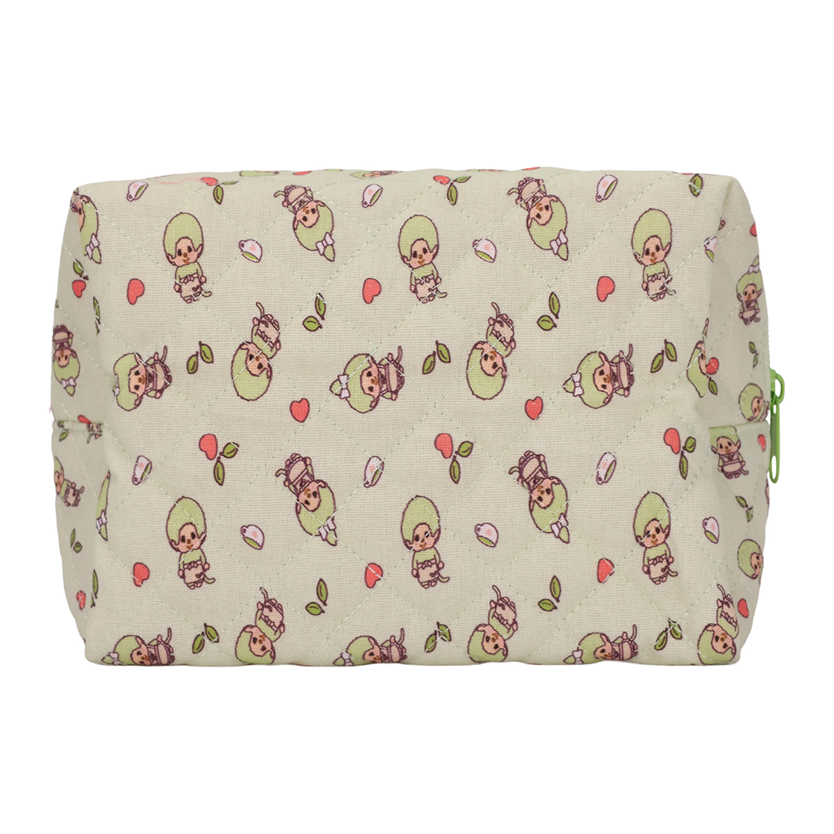 Monchhichi Green Makeup Bag Pouch Sekiguchi Cosmetic Pouch green patterned pouch with repeating characters and fruit motif