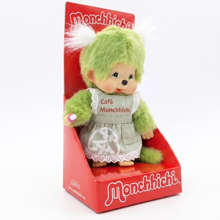 8" Monchhichi Green Tea Girl - in Green Apron with White Pig Tails and Green Eyes, Sekiguchi