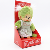 8" Monchhichi Green Tea Girl - in Green Apron with White Pig Tails and Green Eyes, Sekiguchi