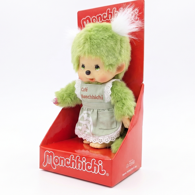 Sekiguchi 8" Monchhichi Green Tea Girl - in Green Apron with White Pig Tails and Green Eyes