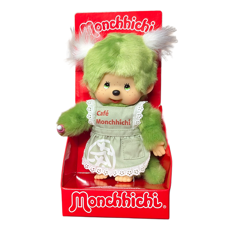 8" Monchhichi Green Tea Girl - in Green Apron with White Pig Tails and Green Eyes by Sekiguchi