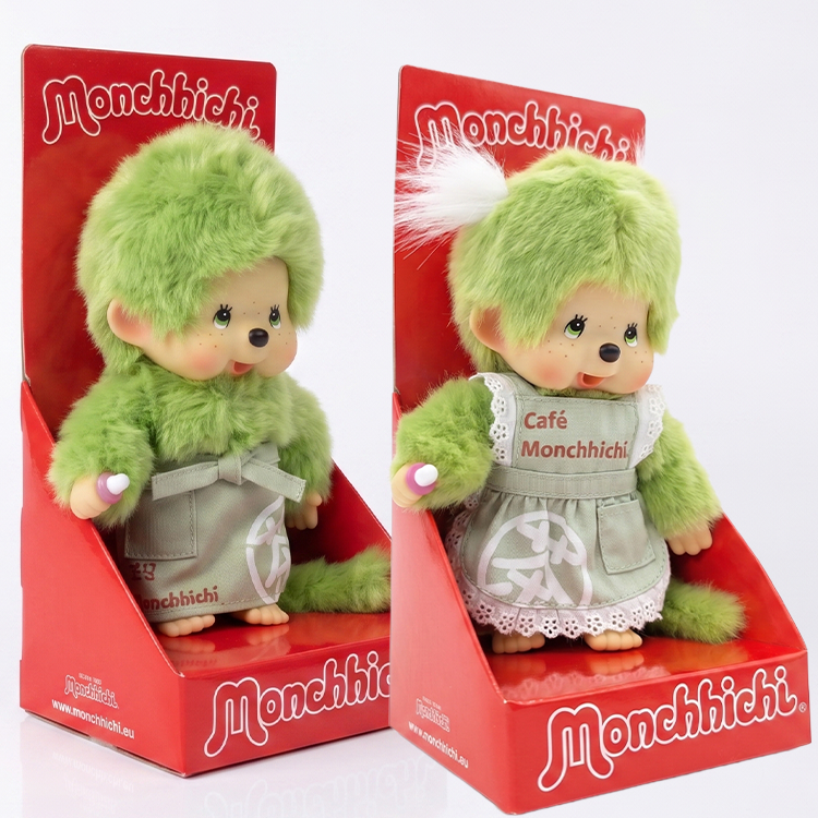 Monchhichi Green Tea Boy and Girl Plush Toy Set in Green Aprons 8 Inch Sold as Set by Sekiguchi