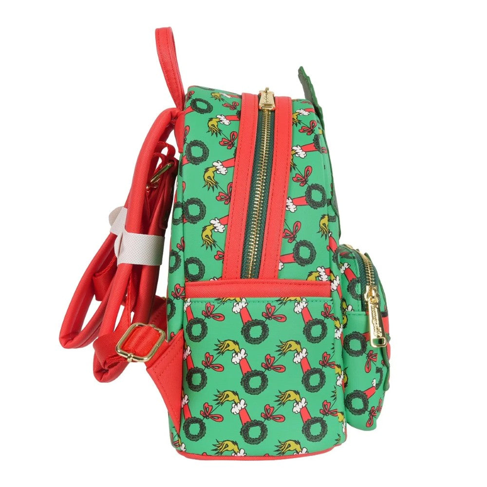 Loungefly How the Grinch Stole Christmas mini-backpack with green holiday wreath and red trim side view