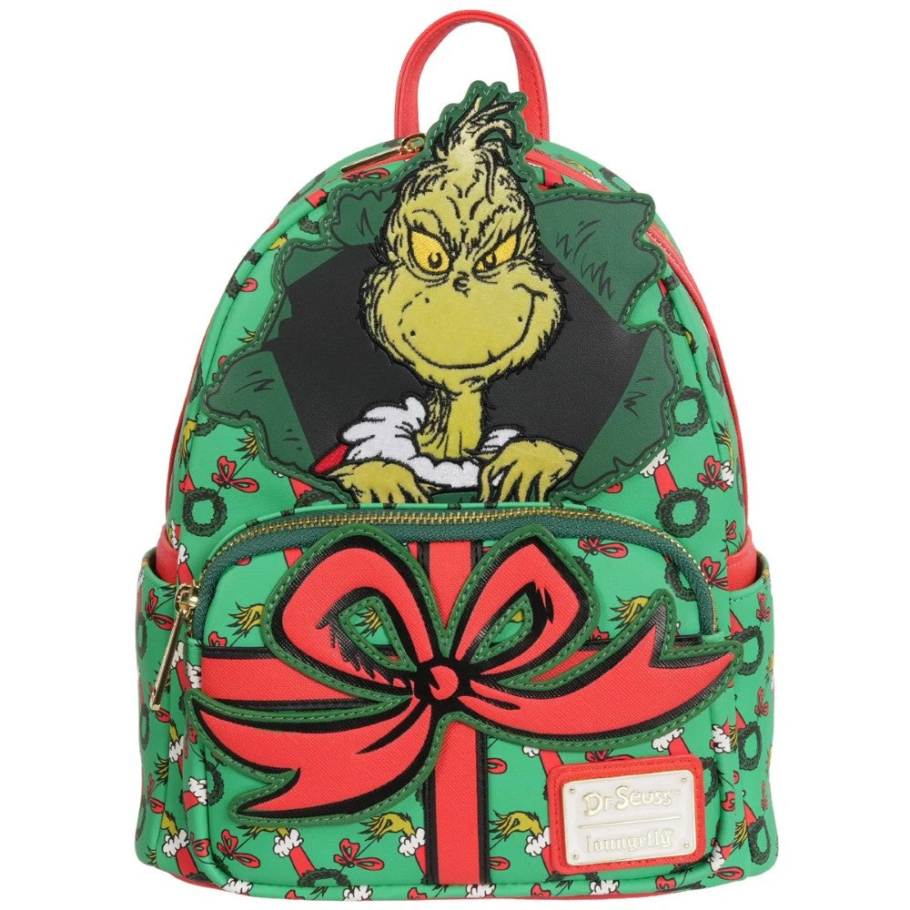 Loungefly How the Grinch Stole Christmas mini-backpack with Grinch and red bow design on green background
