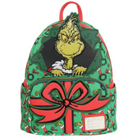 Loungefly How the Grinch Stole Christmas mini-backpack with Grinch and red bow design on green background