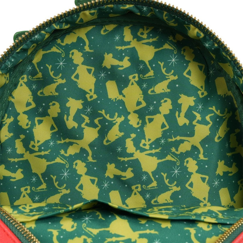 Interior lining of Loungefly How the Grinch Stole Christmas mini-backpack with green and yellow Grinch character pattern