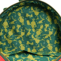 Interior lining of Loungefly How the Grinch Stole Christmas mini-backpack with green and yellow Grinch character pattern