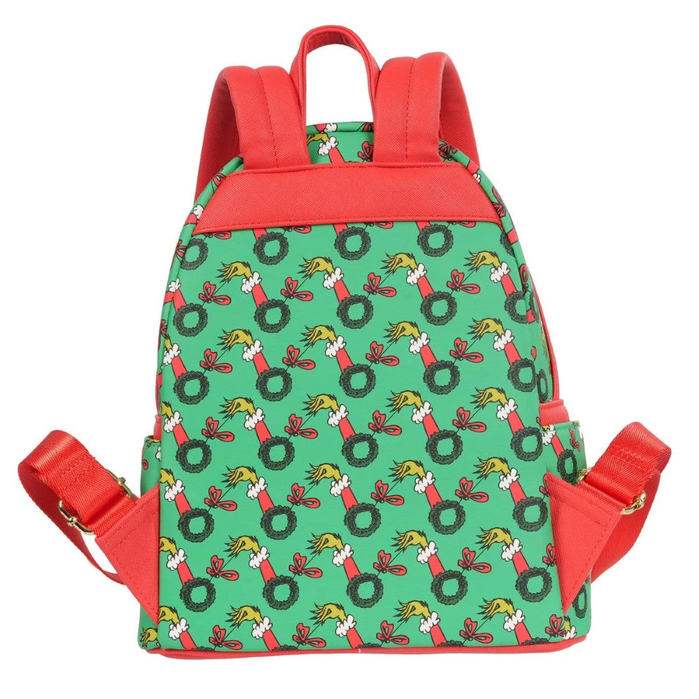 Loungefly How the Grinch Stole Christmas mini-backpack with green wreath and red accents on white background