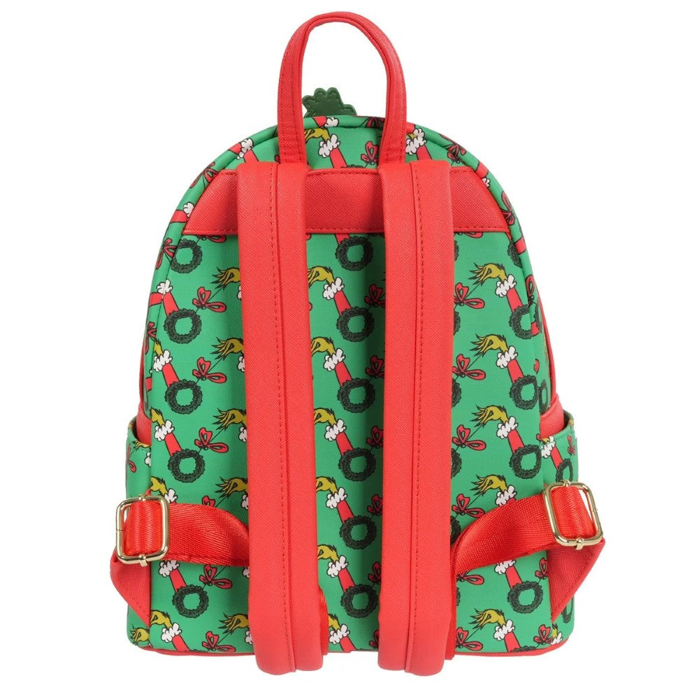Loungefly How the Grinch Stole Christmas mini-backpack with red straps and green wreath and candle pattern back view