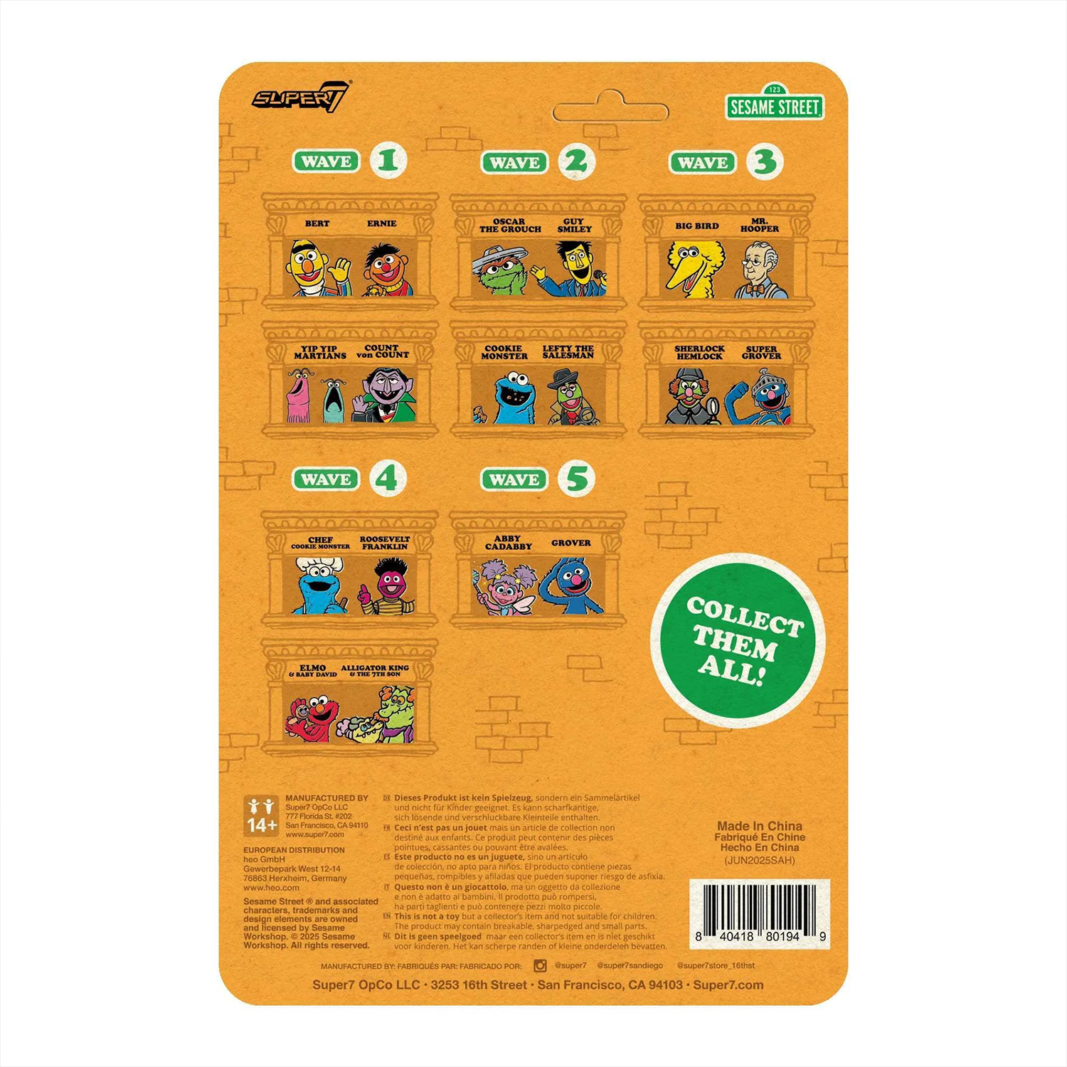 Back card for Sesame Street ReAction Figures Wave 5 showcasing full character lineup and Super7 branding new in box