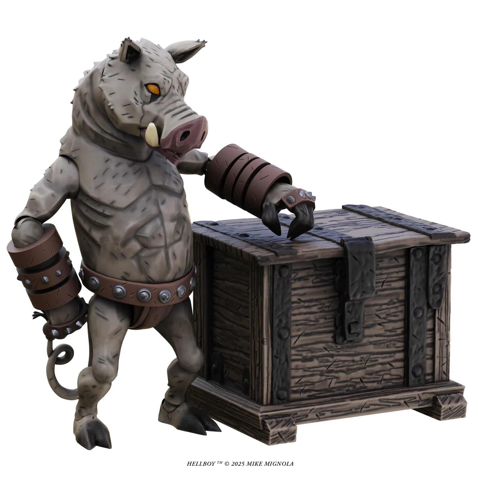 Gruagach 1:12 Scale Action Figure Wave 1 (The Wild Hunt) by Boss Fight Studio posed with wooden crate by Go Figment