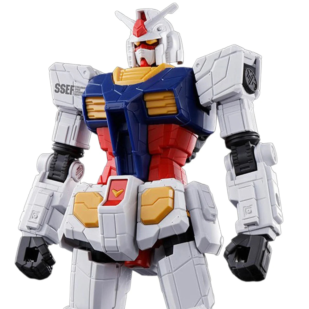 Close-up of a red, white, blue, and yellow Gundam figure with detailed armor and joint articulation on a white background