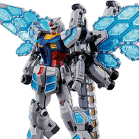 White and gray mecha figure with red and blue torso and translucent blue wing panels against white background