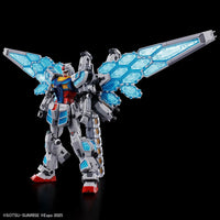 Articulated Gundam model in white, blue, and red with translucent blue wing panels against black background