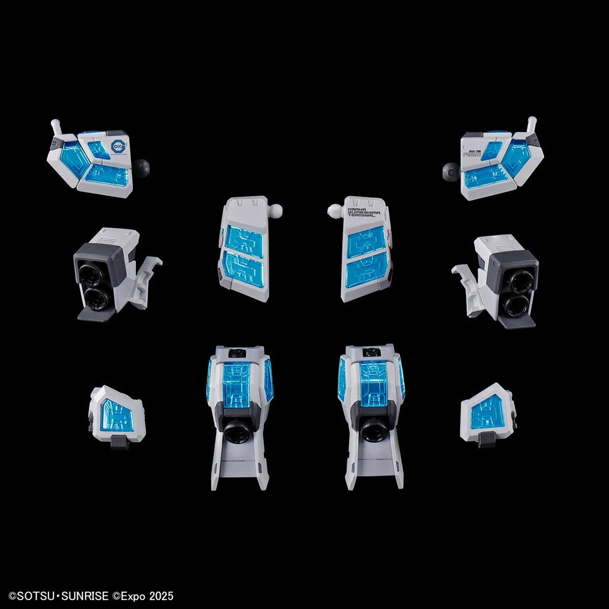 Set of white and blue mechanical parts with futuristic design arranged symmetrically on black background