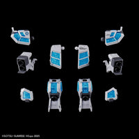 Set of white and blue mechanical parts with futuristic design arranged symmetrically on black background