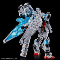 White and gray robotic figure with mechanical wing details featuring translucent blue panels against black background