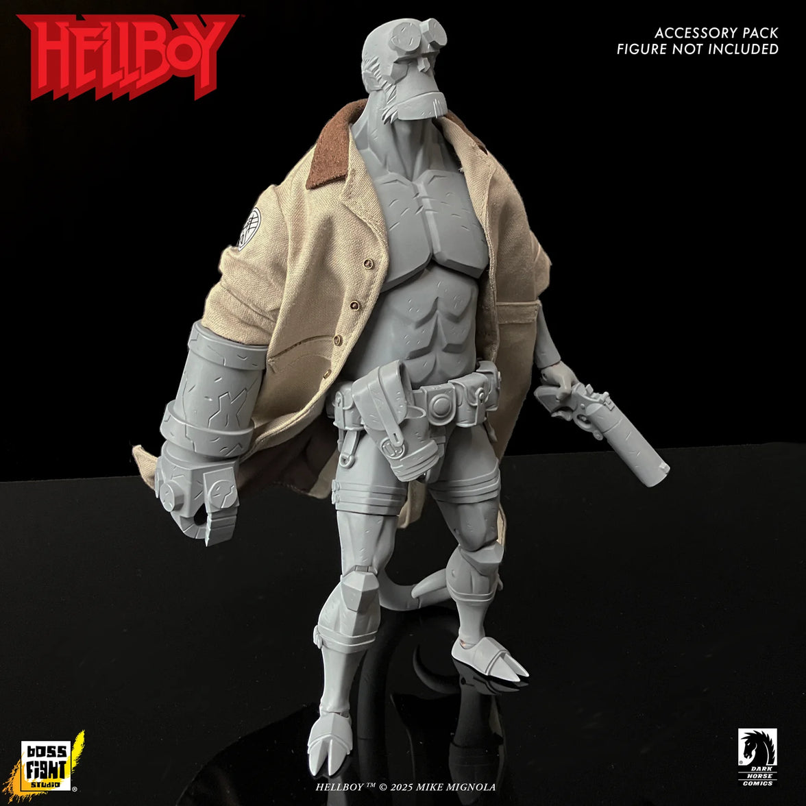 Hellboy 1:12 Scale Action Figure Wave 1 (Box Full of Evil) by Boss Fight Studio DELUXE, gray figure in coat with weapon