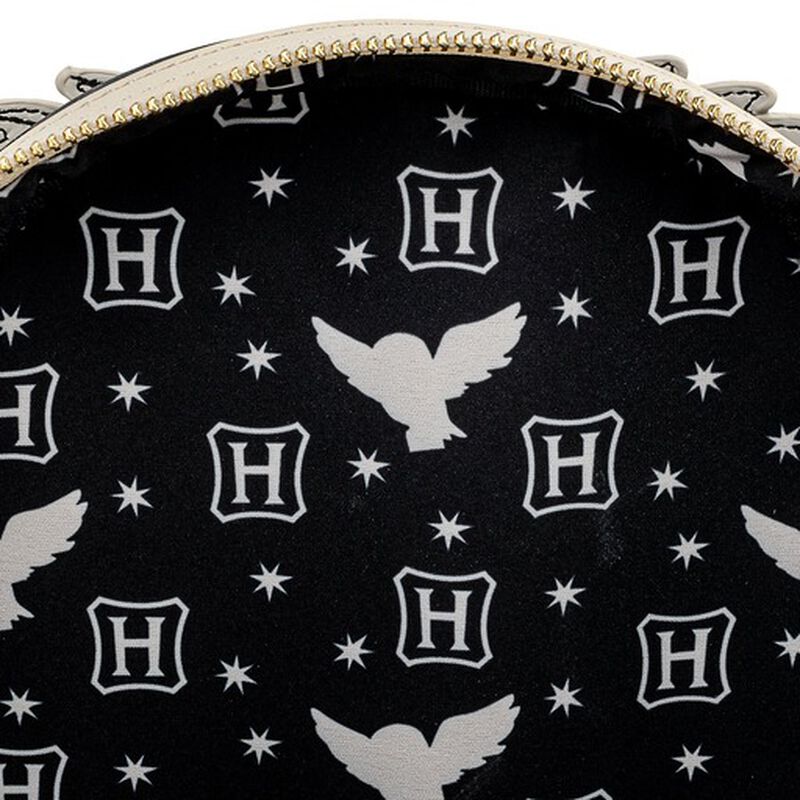 Harry Potter Loungefly Mini-Backpack – 2 Pack Hogwarts and Hedwig with black interior lining featuring white H crest and owl pattern