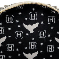 Harry Potter Loungefly Mini-Backpack – 2 Pack Hogwarts and Hedwig with black interior lining featuring white H crest and owl pattern