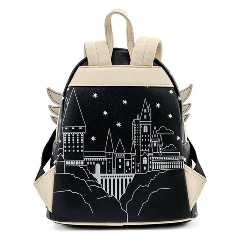 Harry Potter Loungefly Mini-Backpack – 2 Pack Hogwarts and Hedwig with black castle design and beige winged accents by Loungefly