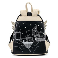 Harry Potter Loungefly Mini-Backpack – 2 Pack Hogwarts and Hedwig with black castle design and beige winged accents by Loungefly