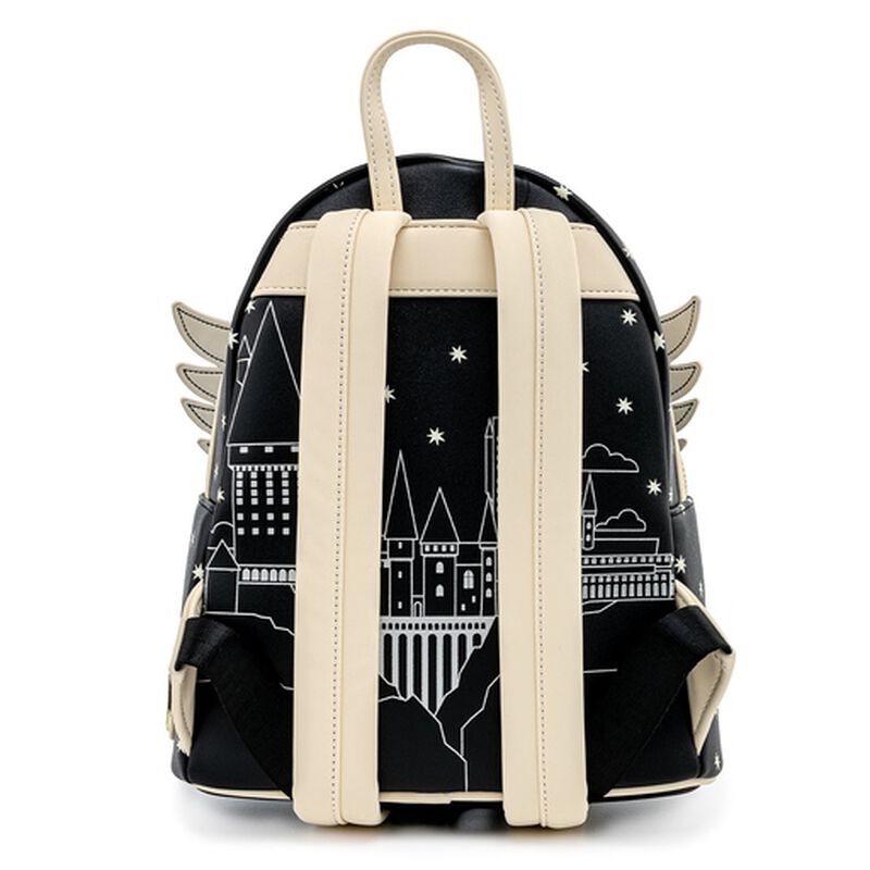 Harry Potter Loungefly Mini-Backpack – 2 Pack Hogwarts and Hedwig with black starry castle design and cream straps by Loungefly