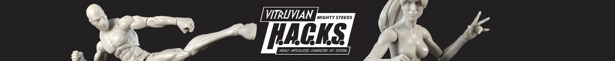 Two gray warrior figurines posed dynamically with Vitruvian H.A.C.K.S. logo centered on black background
