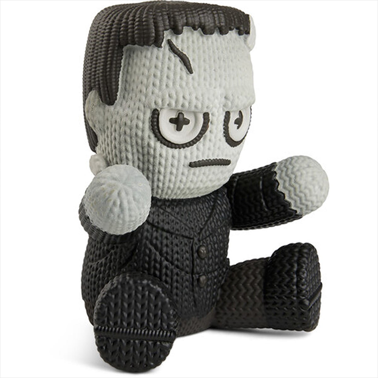 Universal Monsters Frankenstein #236 Handmade by Robots vinyl figure with knit-like texture, sitting pose, black and gray colors.