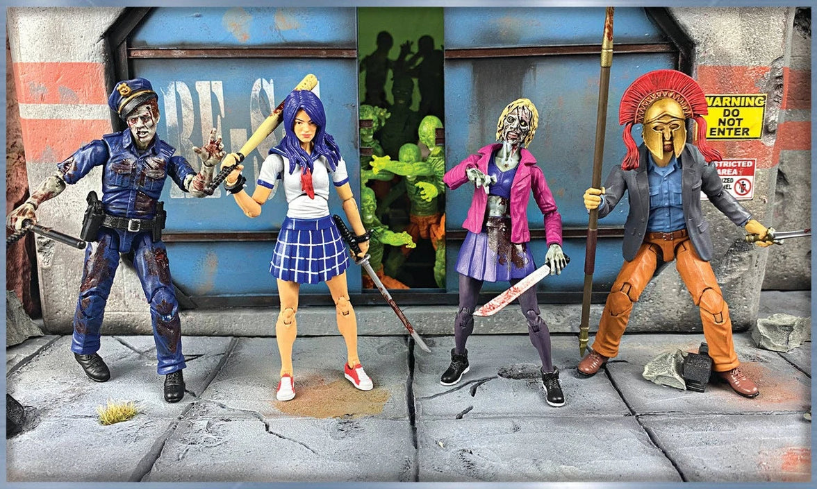 Four action figures in a urban setting with a colorful background
