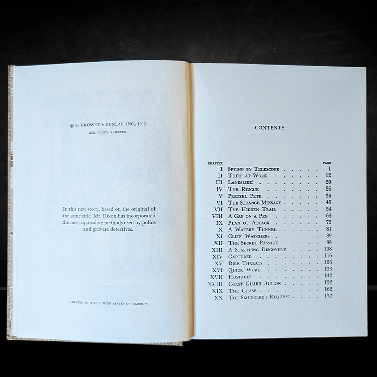 Open vintage 1959 Hardy Boys book The House on the Cliff showing detailed contents page and copyright info.