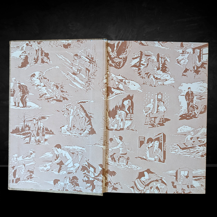 Brown multi-scene endpaper design inside 1959 Hardy Boys The House on the Cliff vintage edition by Grosset & Dunlap