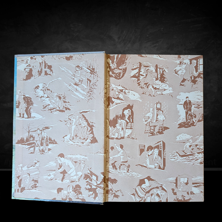Brown multi-scene illustrated endpapers from the 1959 edition of The House on the Cliff Hardy Boys book