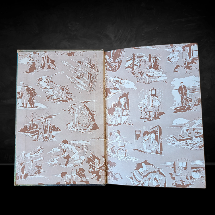 Brown multi-scene endpapers from 1959 Hardy Boys book The House on the Cliff by Grosset & Dunlap Inc.