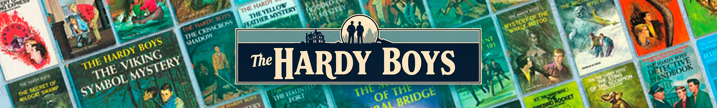 Collection of Hardy Boys books laid out with colorful covers and classic mystery illustrations