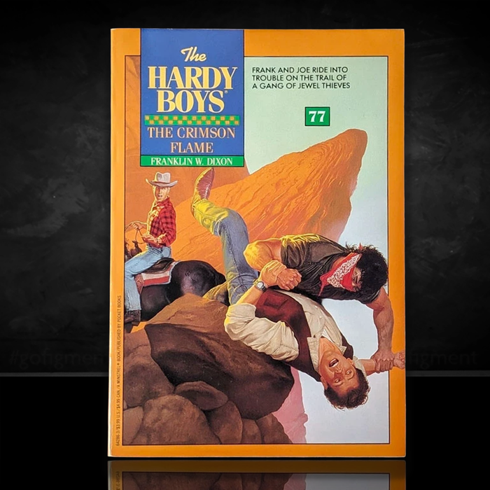 Image of a Hardy Boys Paperback book featuring 77 The Crimson Flame - The Hardy Boys Paperback Book - Vintage 1983