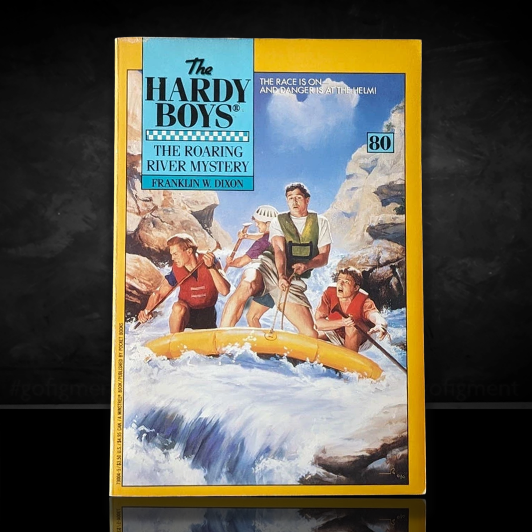Image of a Hardy Boys Paperback book featuring 80 The Roaring River Mystery - The Hardy Boys Paperback Book - Vintage 1984