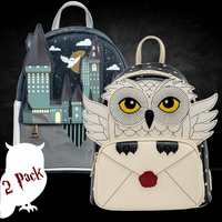 Harry Potter Loungefly Mini-Backpack – 2 Pack Hogwarts castle with night sky and cream Hedwig owl letter design by Loungefly