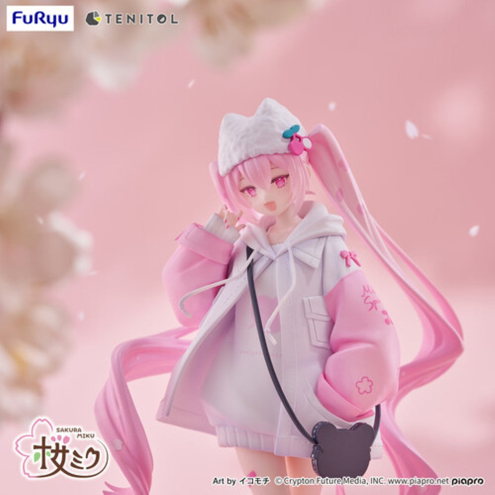 Hatsune Miku Tenitol Sakura Miku Cool Style Figure by FuRyu new in box by Banpresto with pink twin tails and pastel hoodie