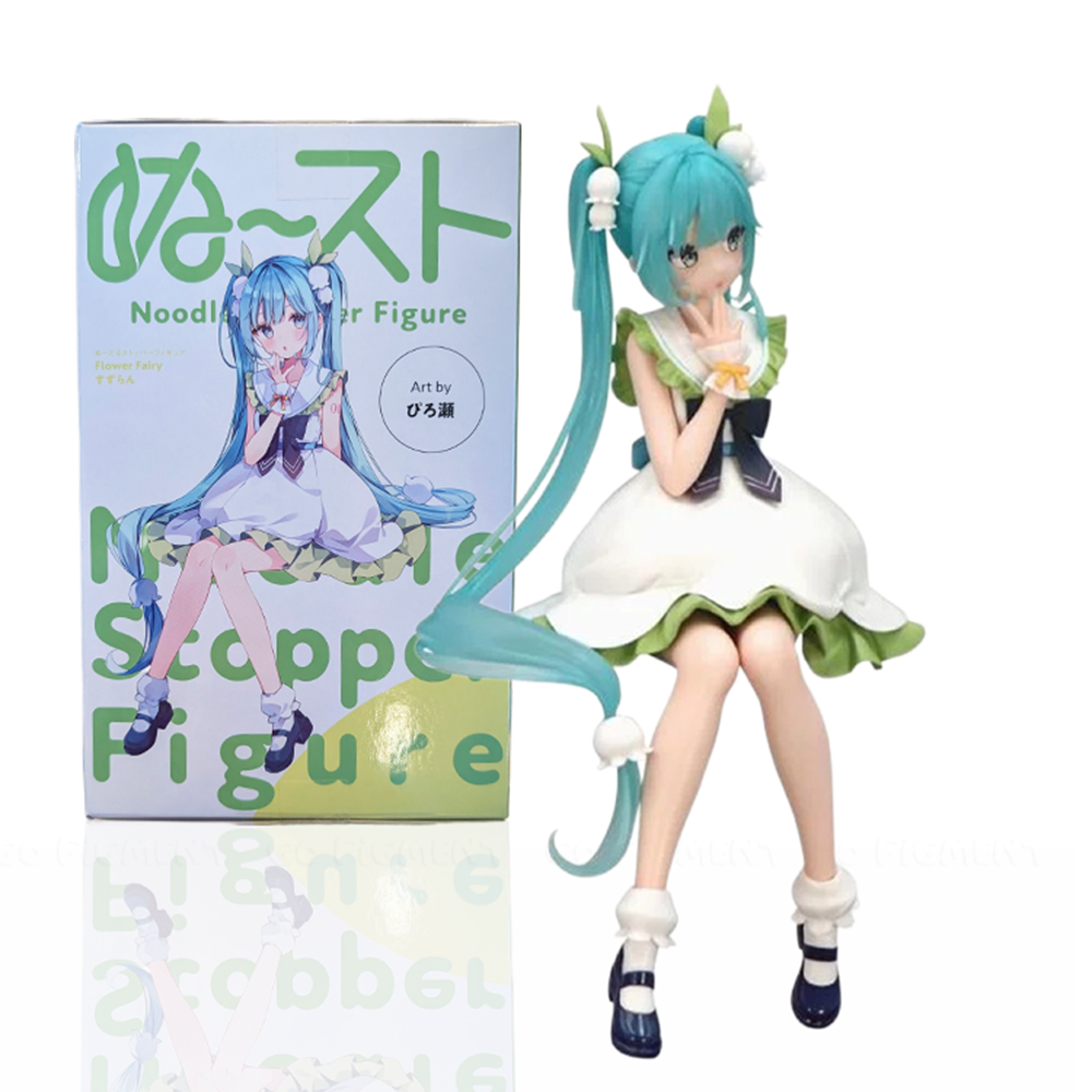 Hatsune Miku Flower Fairy Lily of the Valley Noodle Stopper Figure FuRyu by Banpresto with teal hair and white dress sitting pose