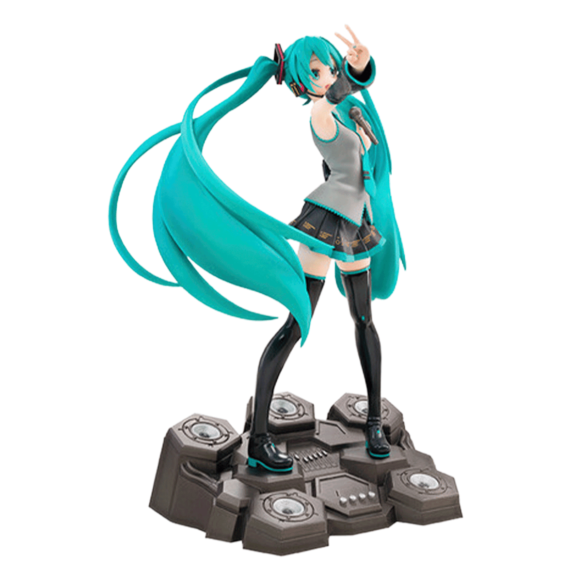 Abysse 1:10 scale Hatsune Miku statue with long teal twin tails in energetic pose on futuristic hexagonal base