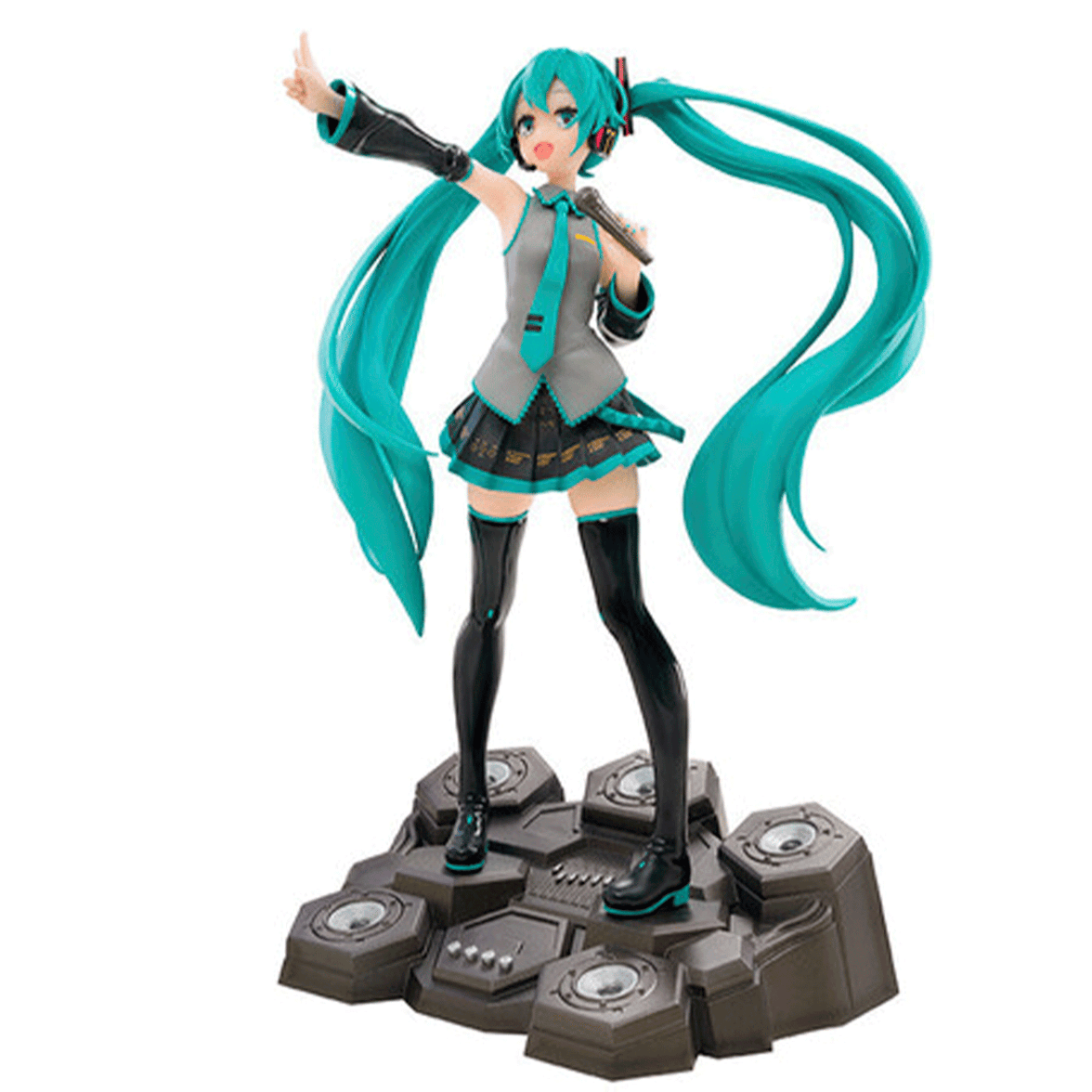 Abysse 1:10 scale Hatsune Miku figure with long teal twin tails in lively pose on futuristic hexagonal base