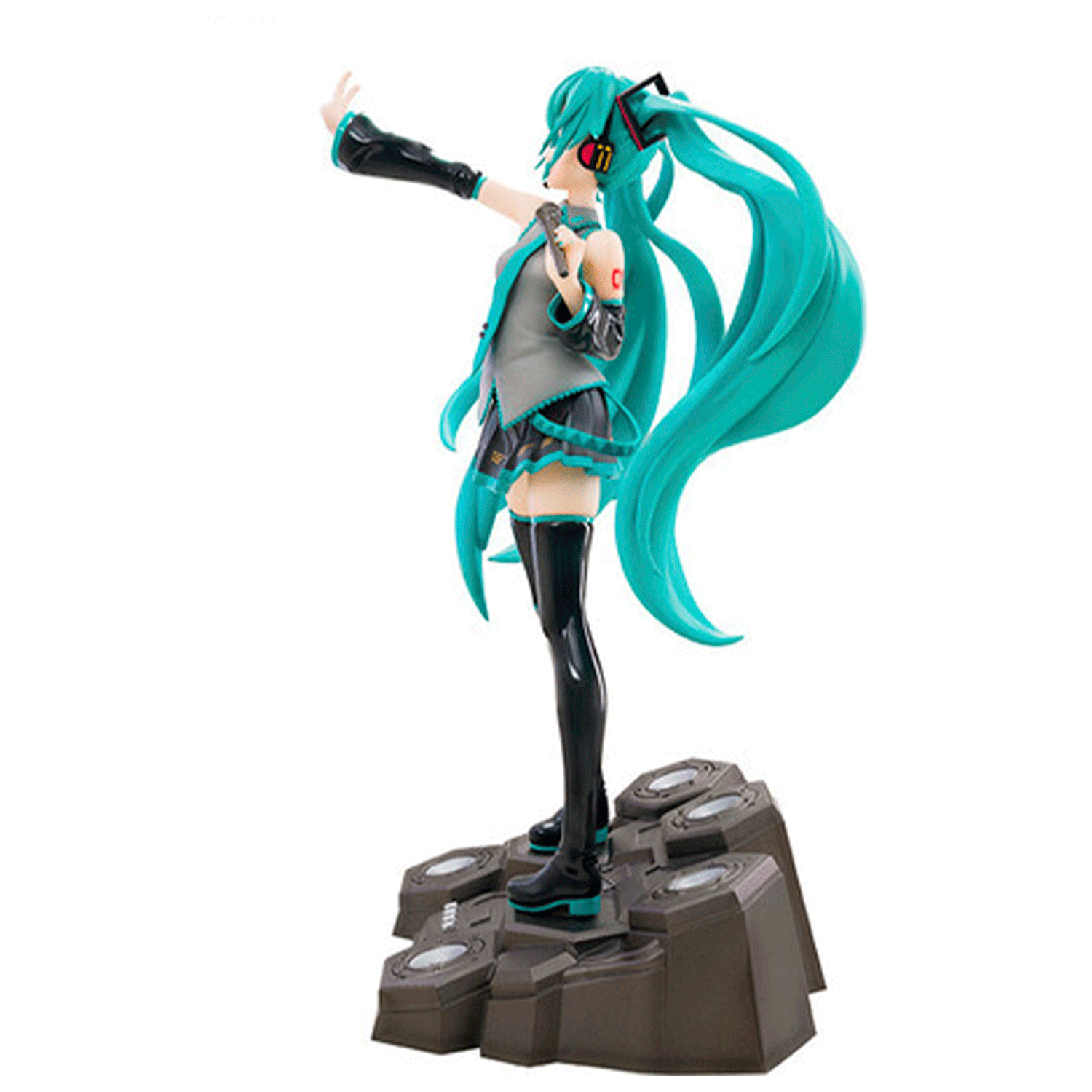 Abysse 1:10 scale Hatsune Miku figure with flowing teal twin tails in dynamic singing pose on stylized stage base