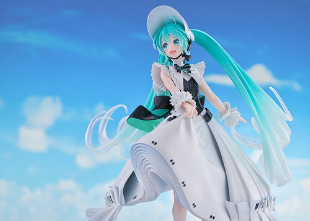 Turquoise-haired anime character in a flowing white dress against a bright blue sky