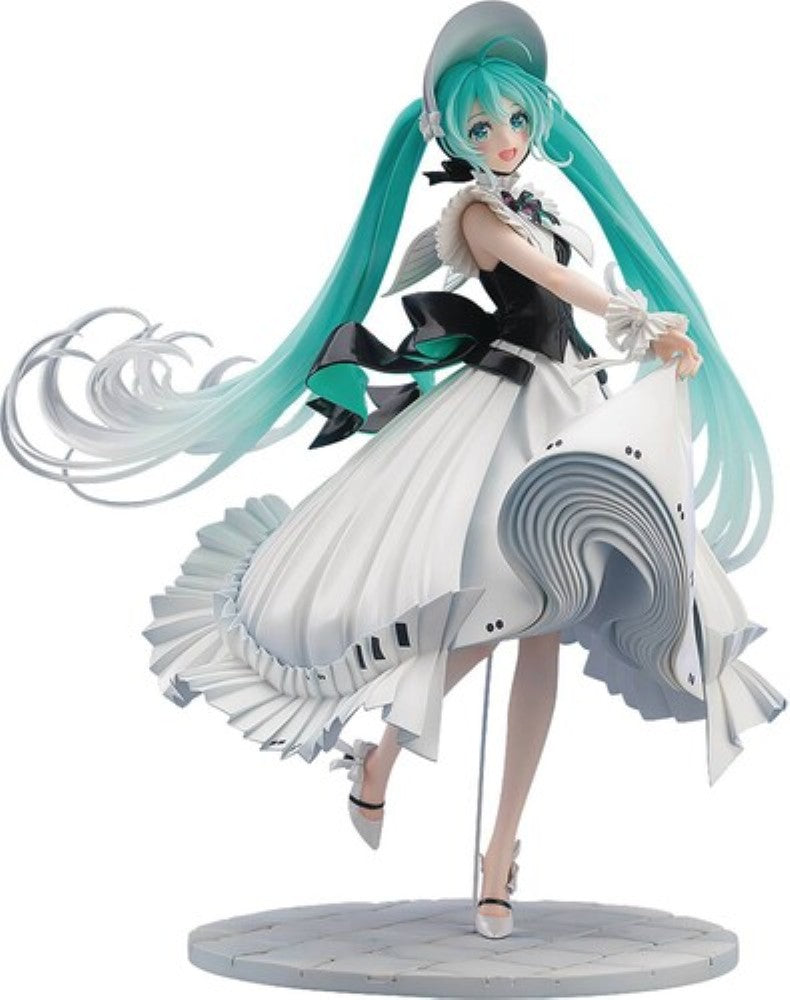 Anime-style turquoise-haired female figure in a flowing white dress on a round gray display base