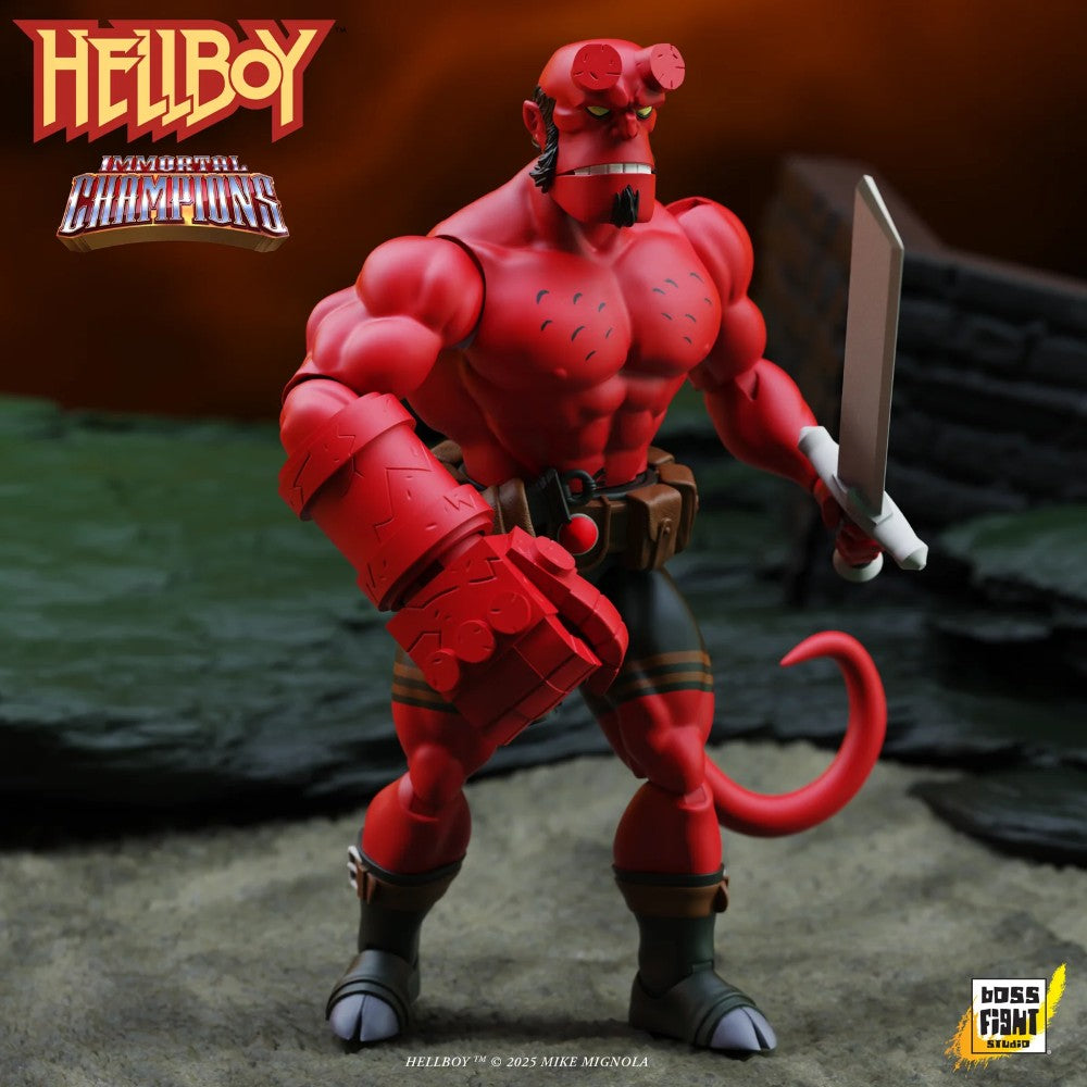 Hellboy Immortal Champions Retro 5.5-Inch Scale Action Figure Boss Fight Studio with sculpted muscles and sword accessory new in box