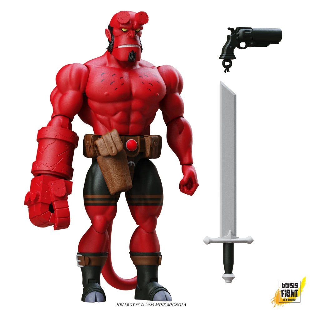 Hellboy Immortal Champions Retro 5.5-Inch Scale Action Figure Boss Fight Studio with muscular physique, tail, oversized right hand, sword and pistol accessory