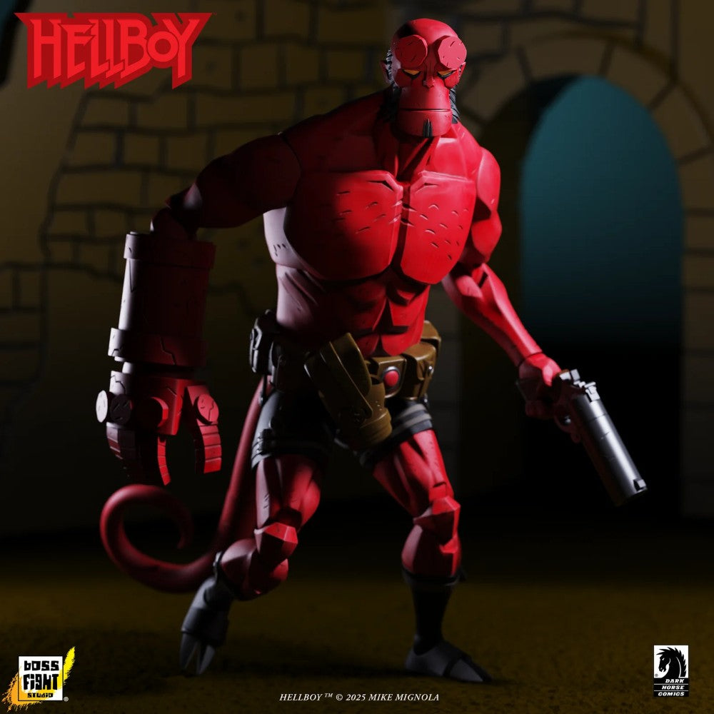 Hellboy 1:12 Scale Action Figure Wave 1 (Box Full of Evil) by Boss Fight Studio posed with gun by Go Figment