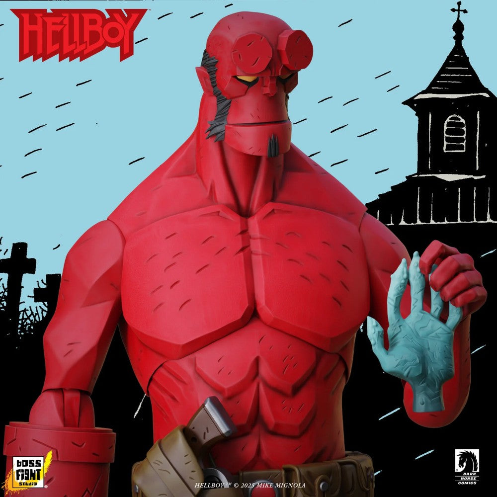 Hellboy 1:12 Scale Action Figure Wave 1 (Box Full of Evil) by Boss Fight Studio posed holding blue severed hand, sold by Go Figment